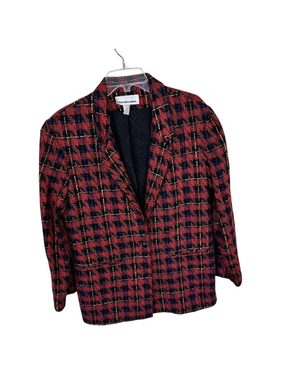 Vtg Womens Red Plaid One Button Oversized Blazer Size 14 Xl David Benjamin